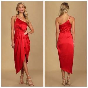 NWT Law of Attraction Red Satin One-Shoulder Asymmetrical Midi Dress - size M